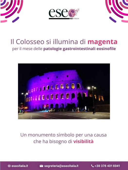 Il Colosseo si illumina di magenta per il mese delle Patologie Eosinofile